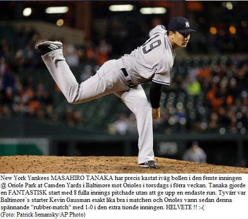 Tanaka Sharp vs. Orioles 20160505 thursday but Yankees lost 0-1 in 10