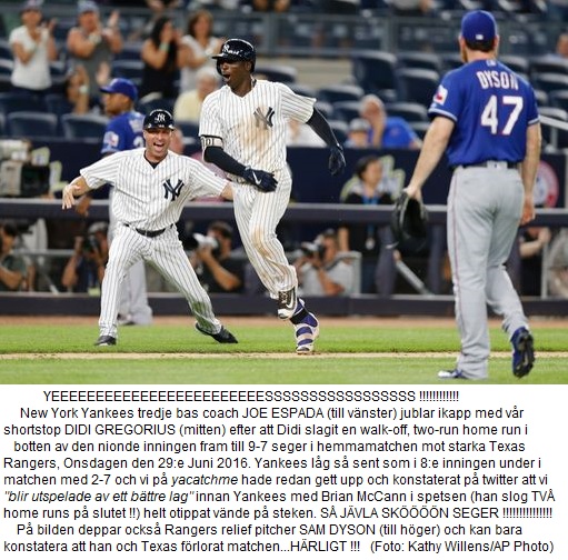 Yankees vander 2-7 till 9-7 vs. Rangers June 29 2016